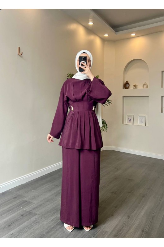 40719 - Pile Detaylı Tokalı Kuşaklı Modal Takım Mor