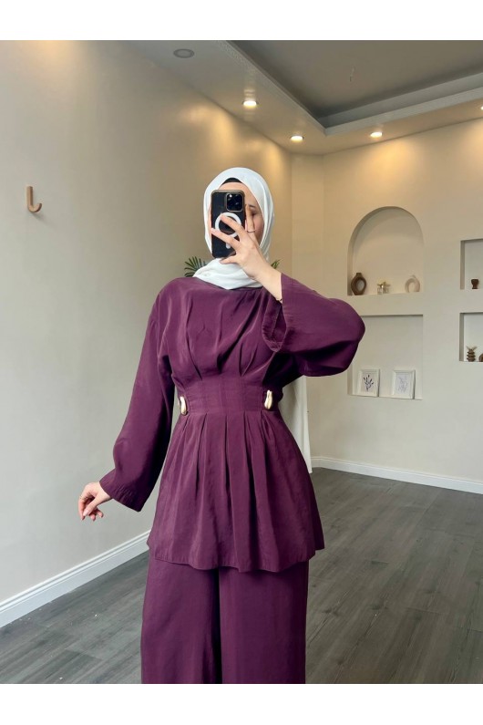 40719 - Pile Detaylı Tokalı Kuşaklı Modal Takım Mor