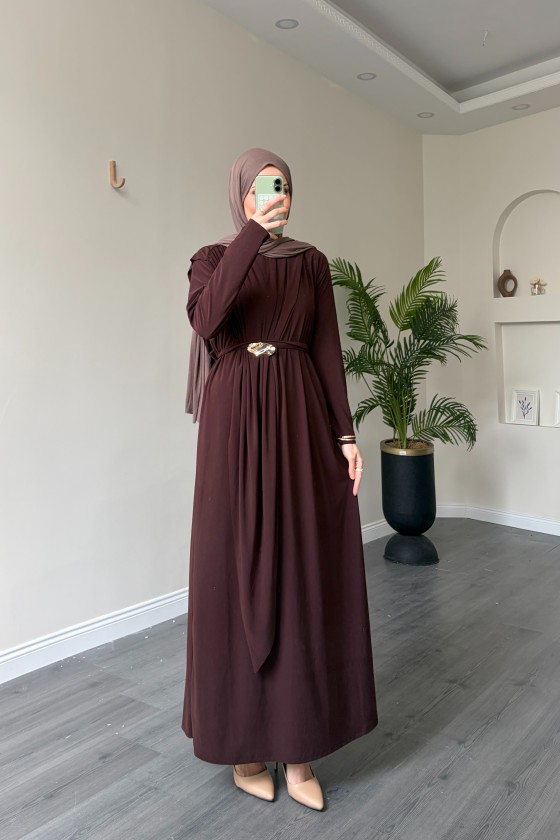 1513 - Seyyar Kemerli Sandy Kumaş Elbise Acı Kahve
