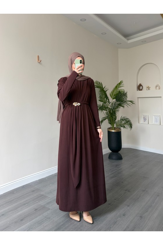 1513 - Seyyar Kemerli Sandy Kumaş Elbise Acı Kahve