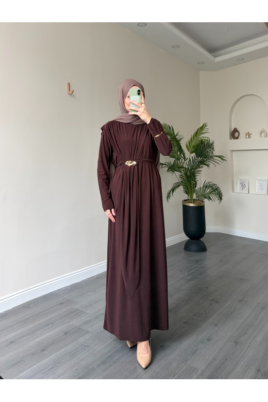 1513 - Seyyar Kemerli Sandy Kumaş Elbise Acı Kahve