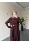 1513 - Seyyar Kemerli Sandy Kumaş Elbise Acı Kahve