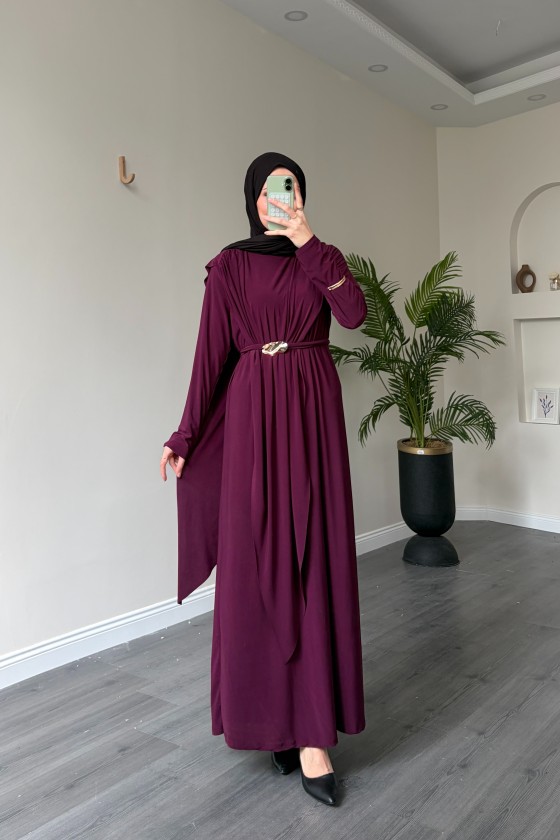 1513 - Seyyar Kemerli Sandy Kumaş Elbise Mürdüm