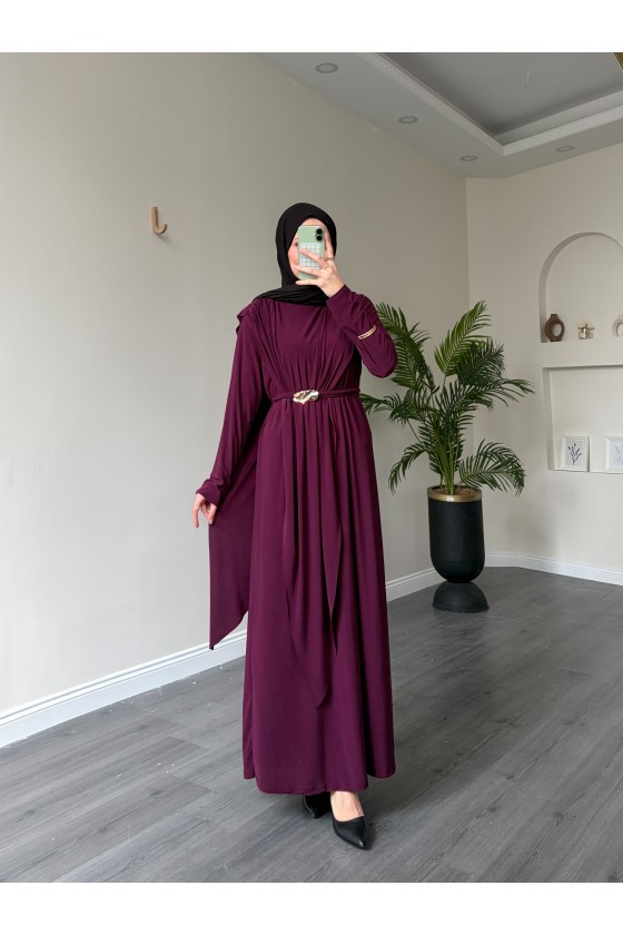 1513 - Seyyar Kemerli Sandy Kumaş Elbise Mürdüm