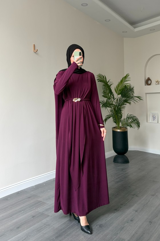 1513 - Seyyar Kemerli Sandy Kumaş Elbise Mürdüm
