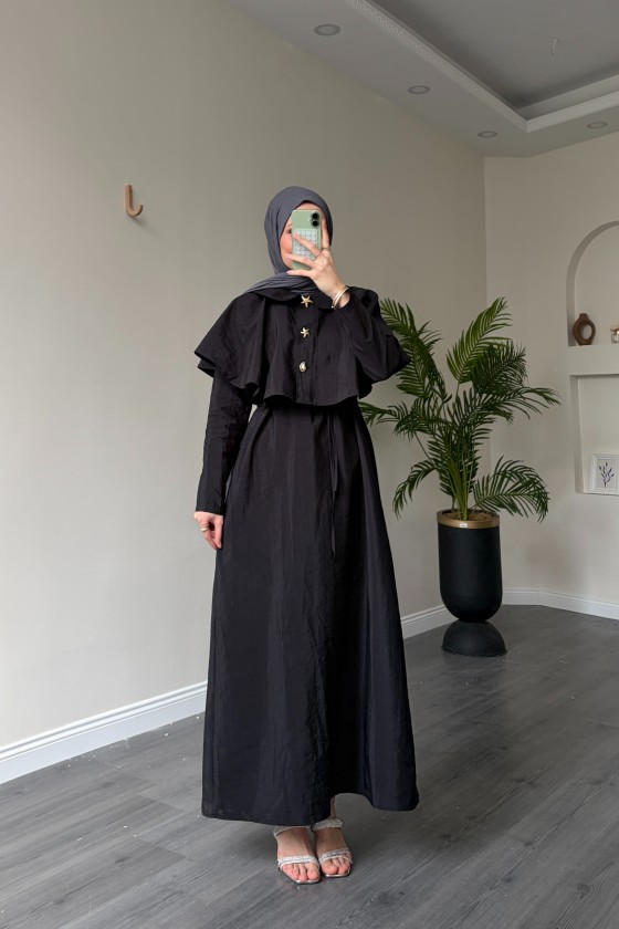 21252 - Minimal Pelerin Detaylı Bağcıklı Elbise Si̇yah