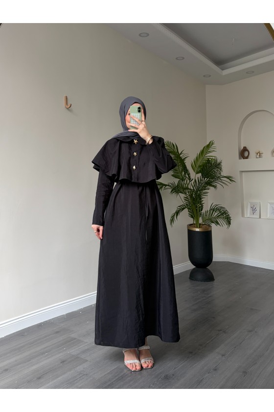 21252 - Minimal Pelerin Detaylı Bağcıklı Elbise Si̇yah