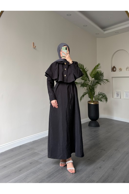 21252 - Minimal Pelerin Detaylı Bağcıklı Elbise Si̇yah