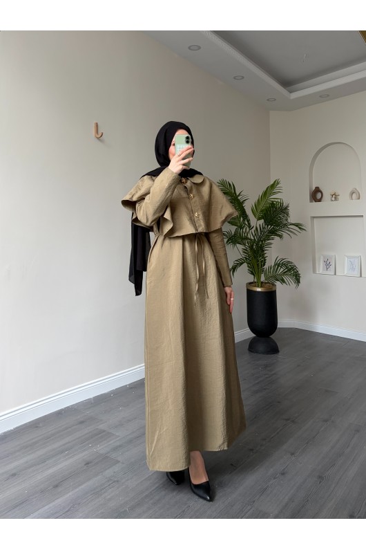 21252 - Minimal Pelerin Detaylı Bağcıklı Elbise Haki̇