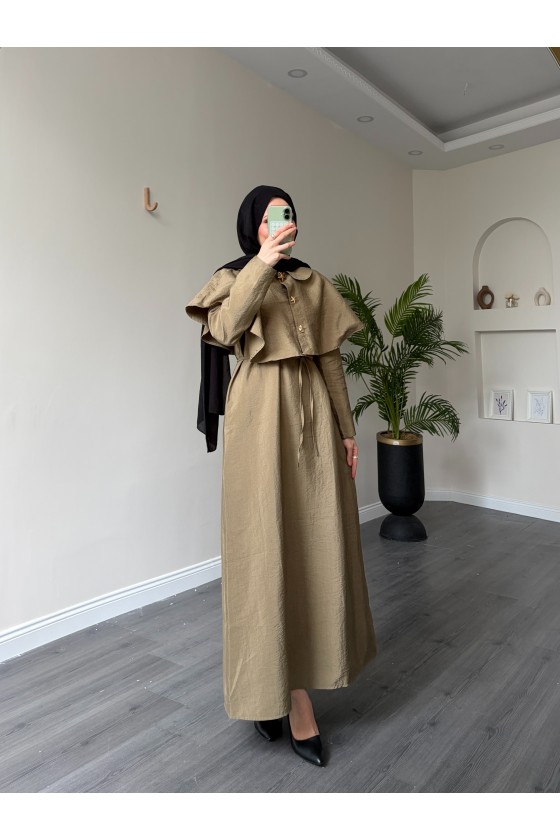 21252 - Minimal Pelerin Detaylı Bağcıklı Elbise Haki̇