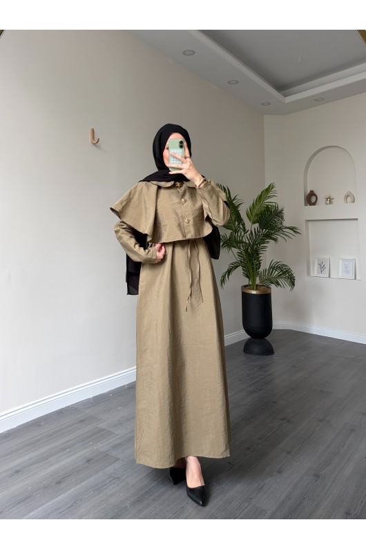 21252 - Minimal Pelerin Detaylı Bağcıklı Elbise Haki̇