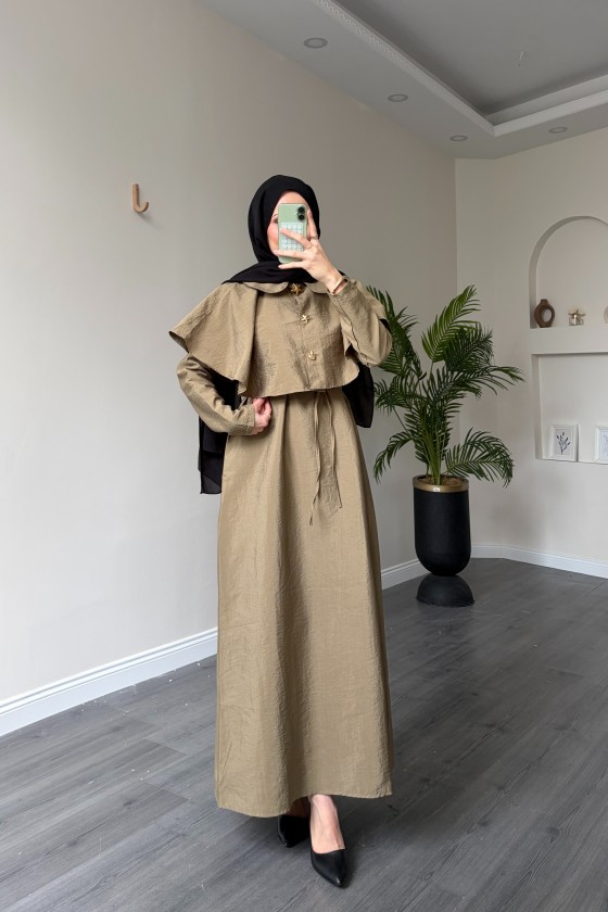 21252 - Minimal Pelerin Detaylı Bağcıklı Elbise Haki̇