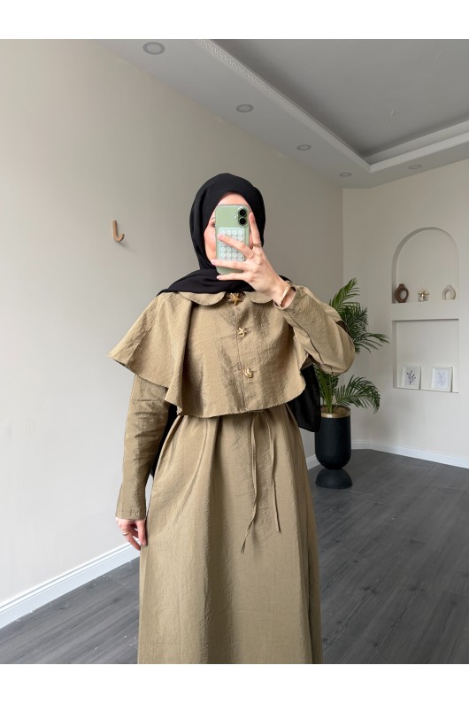 21252 - Minimal Pelerin Detaylı Bağcıklı Elbise Haki̇