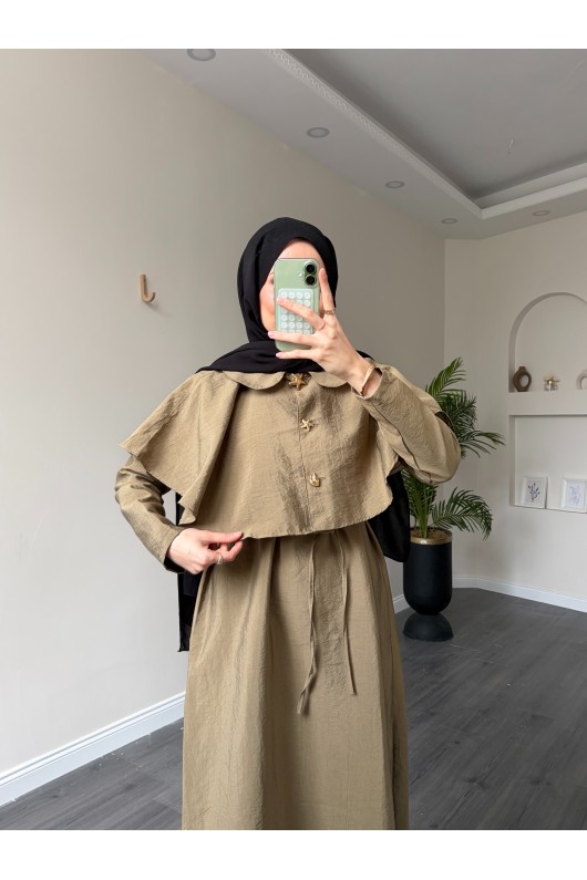 21252 - Minimal Pelerin Detaylı Bağcıklı Elbise Haki̇