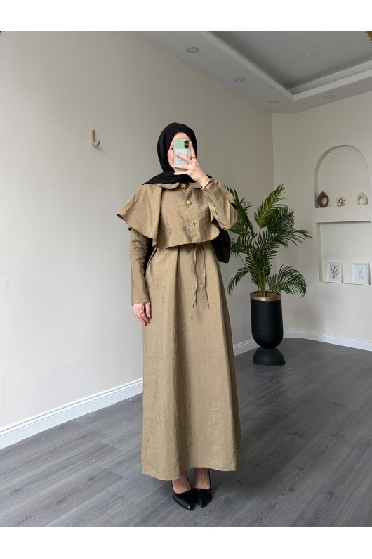 21252 - Minimal Pelerin Detaylı Bağcıklı Elbise Haki̇