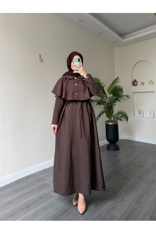 21252 - Minimal Pelerin Detaylı Bağcıklı Elbise Acı Kahve