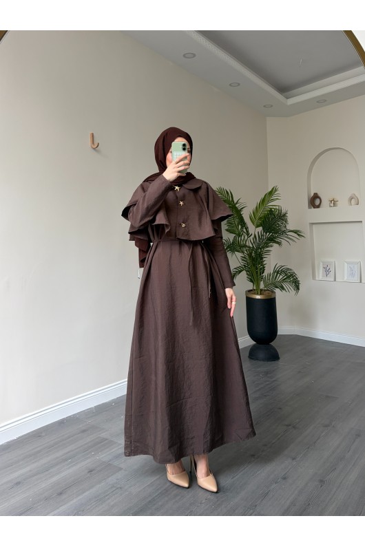 21252 - Minimal Pelerin Detaylı Bağcıklı Elbise Acı Kahve