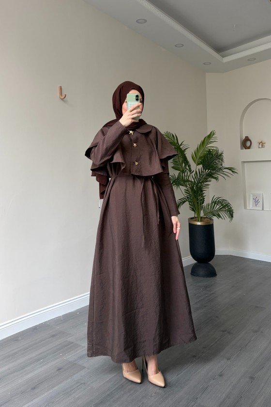 21252 - Minimal Pelerin Detaylı Bağcıklı Elbise Kahverengi̇