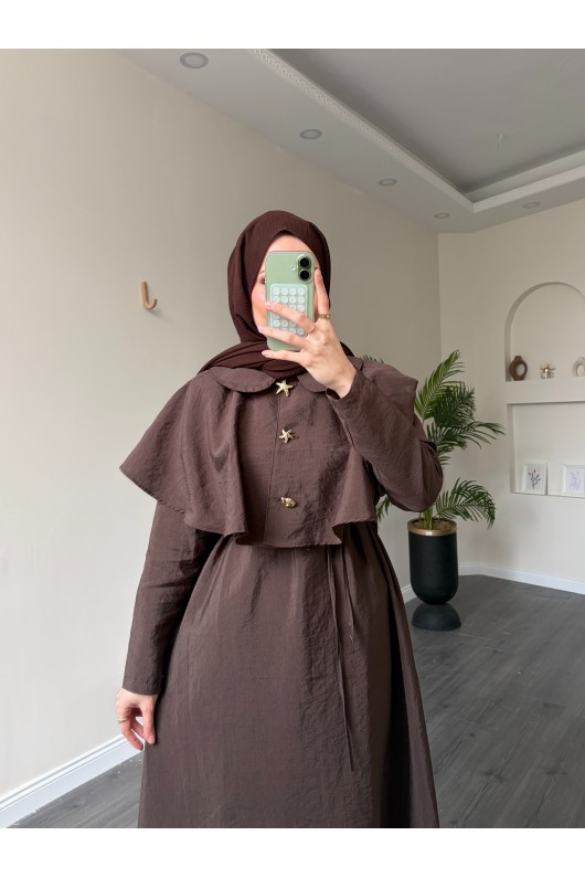 21252 - Minimal Pelerin Detaylı Bağcıklı Elbise Acı Kahve