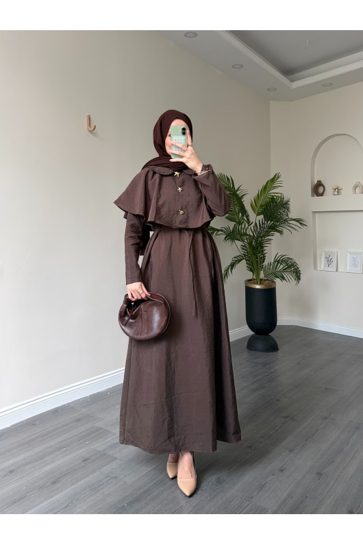 21252 - Minimal Pelerin Detaylı Bağcıklı Elbise Acı Kahve