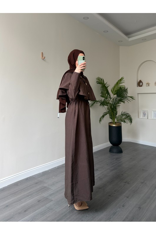 21252 - Minimal Pelerin Detaylı Bağcıklı Elbise Acı Kahve