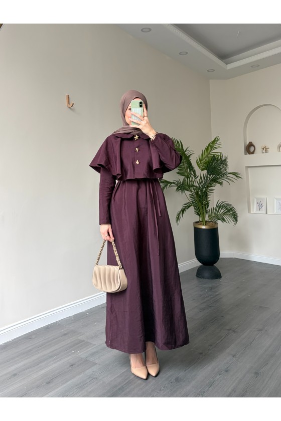 21252 - Minimal Pelerin Detaylı Bağcıklı Elbise Bordo