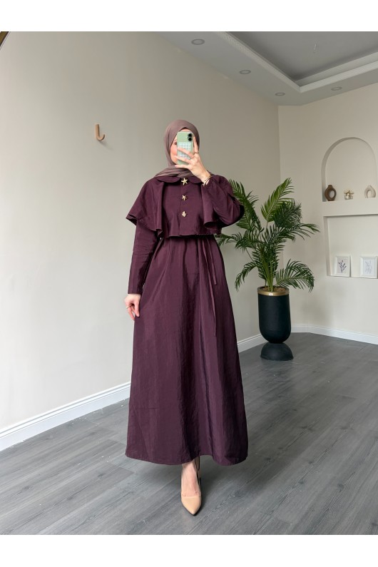 21252 - Minimal Pelerin Detaylı Bağcıklı Elbise Mürdüm