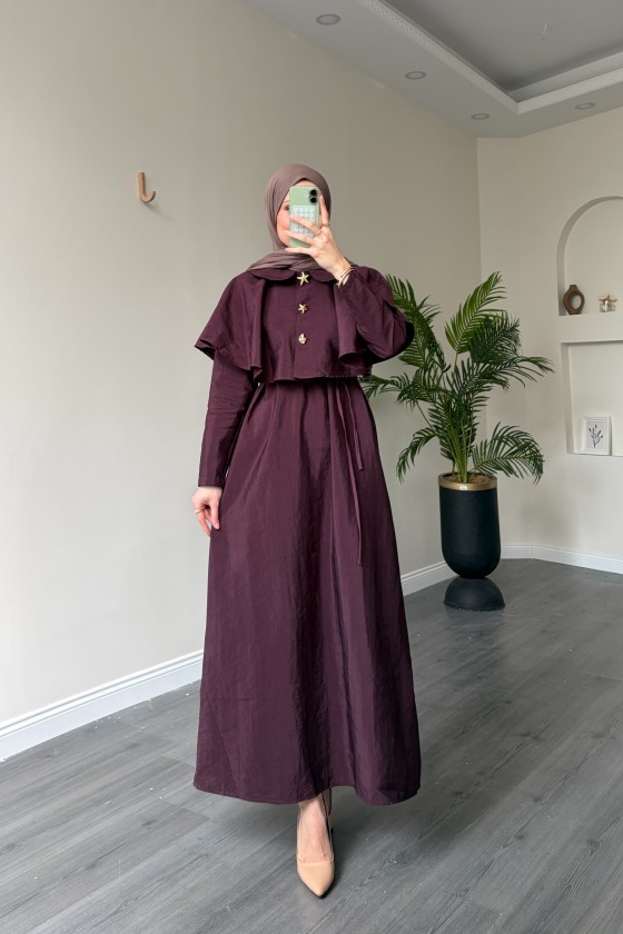 21252 - Minimal Pelerin Detaylı Bağcıklı Elbise Bordo