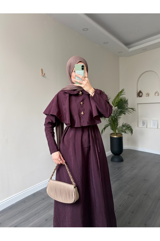 21252 - Minimal Pelerin Detaylı Bağcıklı Elbise Mürdüm