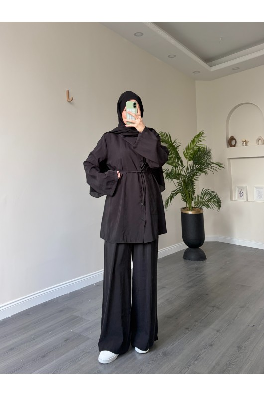 40720 - Yandan Yaka Ve Düğmeli Modal Tunik & Pantolon Si̇yah