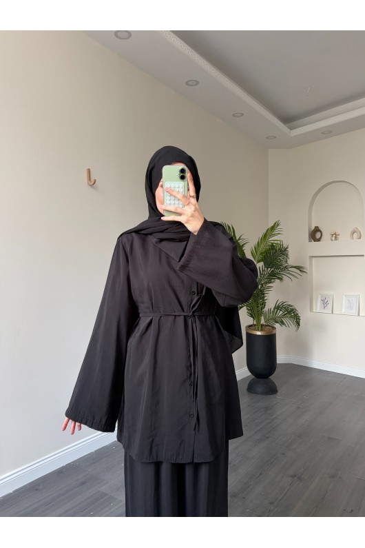 40720 - Yandan Yaka Ve Düğmeli Modal Tunik & Pantolon Si̇yah