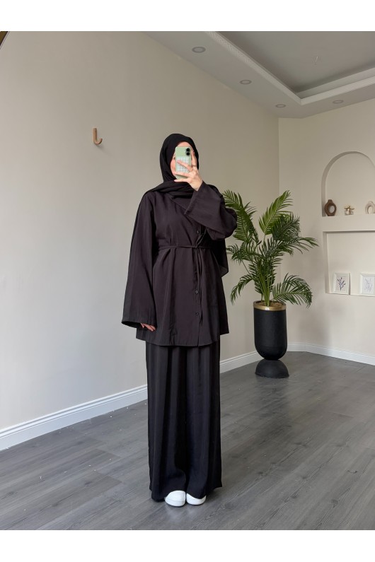 40720 - Yandan Yaka Ve Düğmeli Modal Tunik & Pantolon Si̇yah