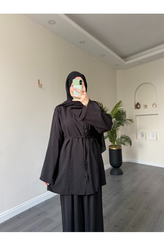 40720 - Yandan Yaka Ve Düğmeli Modal Tunik & Pantolon Si̇yah