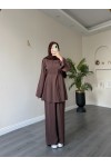 40720 - Yandan Yaka Ve Düğmeli Modal Tunik & Pantolon Kahverengi̇