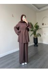 40720 - Yandan Yaka Ve Düğmeli Modal Tunik & Pantolon Kahverengi̇