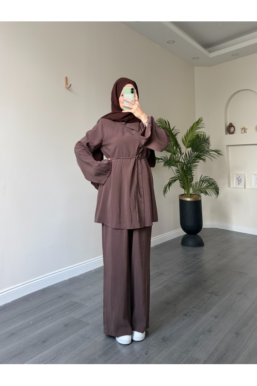 40720 - Yandan Yaka Ve Düğmeli Modal Tunik & Pantolon Kahverengi̇
