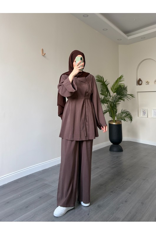 40720 - Yandan Yaka Ve Düğmeli Modal Tunik & Pantolon Kahverengi̇