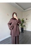 40720 - Yandan Yaka Ve Düğmeli Modal Tunik & Pantolon Kahverengi̇
