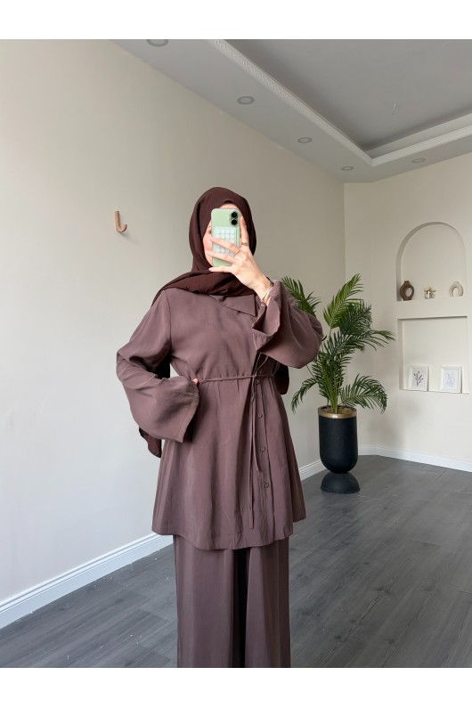 40720 - Yandan Yaka Ve Düğmeli Modal Tunik & Pantolon Kahverengi̇