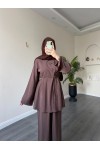 40720 - Yandan Yaka Ve Düğmeli Modal Tunik & Pantolon Kahverengi̇