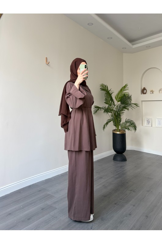 40720 - Yandan Yaka Ve Düğmeli Modal Tunik & Pantolon Kahverengi̇