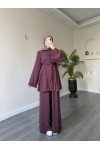 40720 - Yandan Yaka Ve Düğmeli Modal Tunik & Pantolon Mürdüm