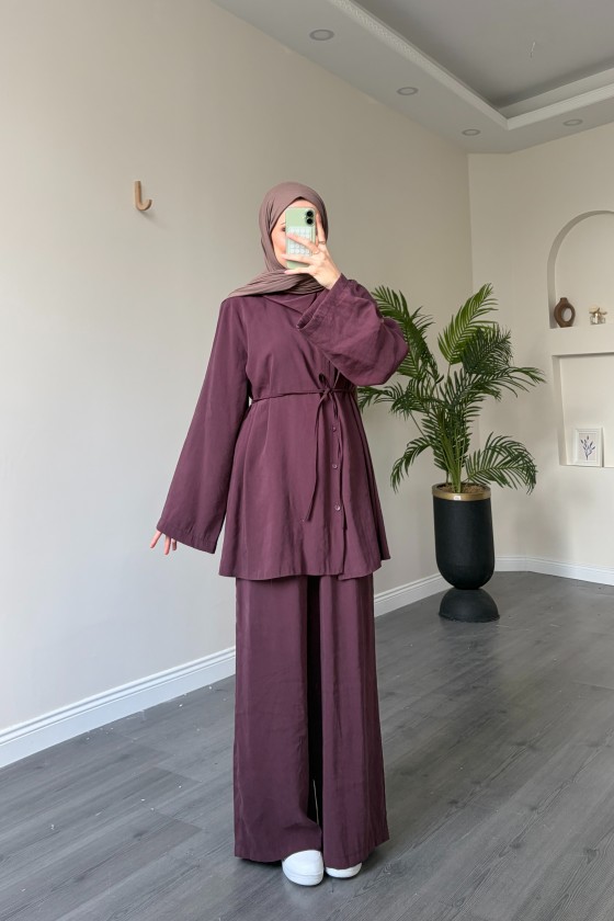40720 - Yandan Yaka Ve Düğmeli Modal Tunik & Pantolon Mürdüm