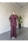 40720 - Yandan Yaka Ve Düğmeli Modal Tunik & Pantolon Mürdüm