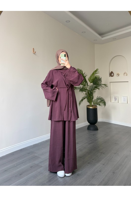 40720 - Yandan Yaka Ve Düğmeli Modal Tunik & Pantolon Mürdüm