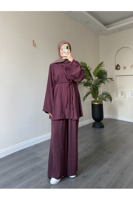 40720 - Yandan Yaka Ve Düğmeli Modal Tunik & Pantolon Mürdüm