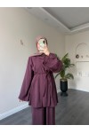 40720 - Yandan Yaka Ve Düğmeli Modal Tunik & Pantolon Mürdüm