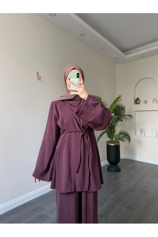 40720 - Yandan Yaka Ve Düğmeli Modal Tunik & Pantolon Mürdüm