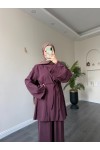 40720 - Yandan Yaka Ve Düğmeli Modal Tunik & Pantolon Mürdüm