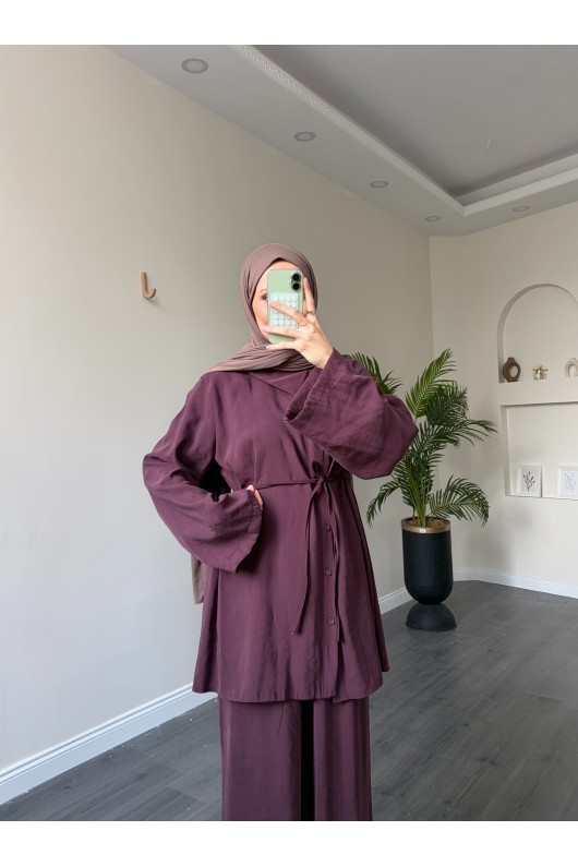 40720 - Yandan Yaka Ve Düğmeli Modal Tunik & Pantolon Mürdüm
